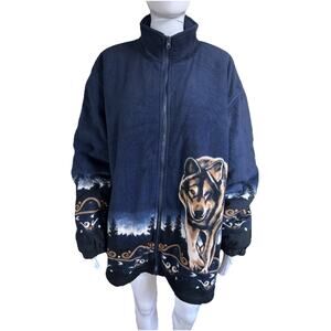 Vintage Wolf Sherpa Fleece Jacket XL Navy Full Zip 90s Wildlife Graphic Unisex